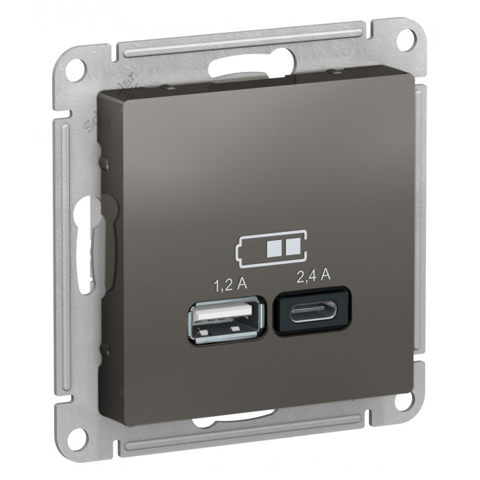 SE AtlasDesign Сталь USB A+С, 5В/2,4 А, 2х5В/1,2 А, механизм