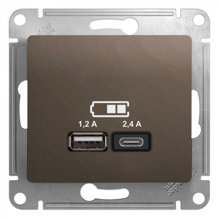 SE Glossa Шоколад Розетка USB A+С, 5В/2,4А, 2х5В/1,2А