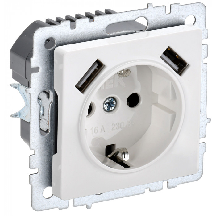 IEK BRITE Роз. с з/к/ш 16А с USB A+A 2,1А РЮш10-1-БрБ бел.